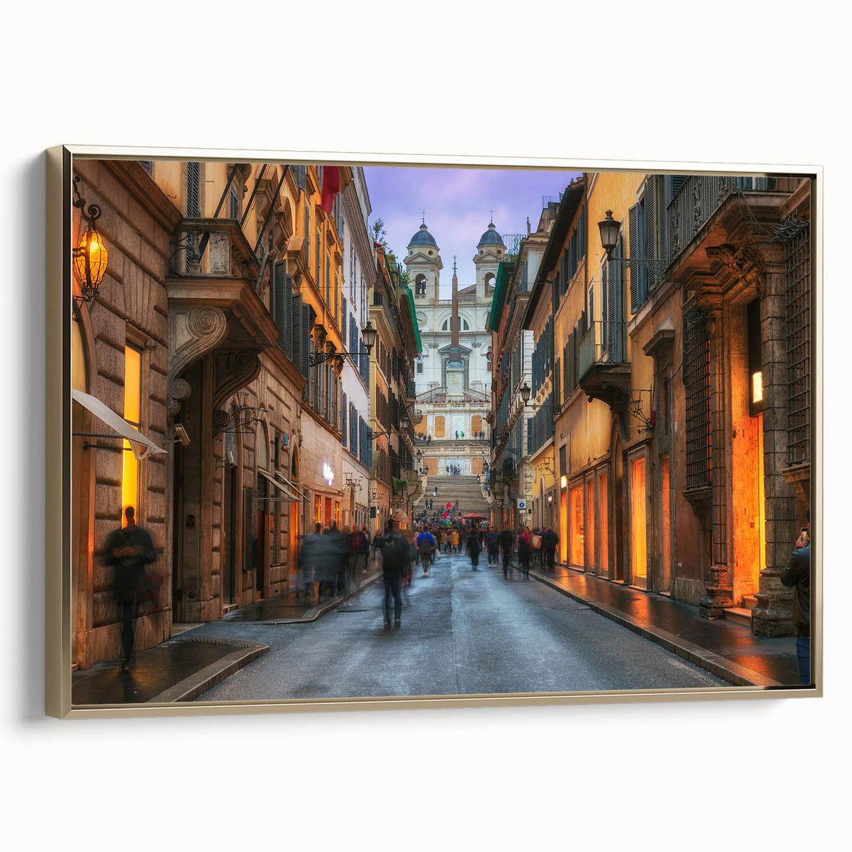 Framed canvas of a vintage Rome landscape in black and gold tones, ideal for bedroom wall art.