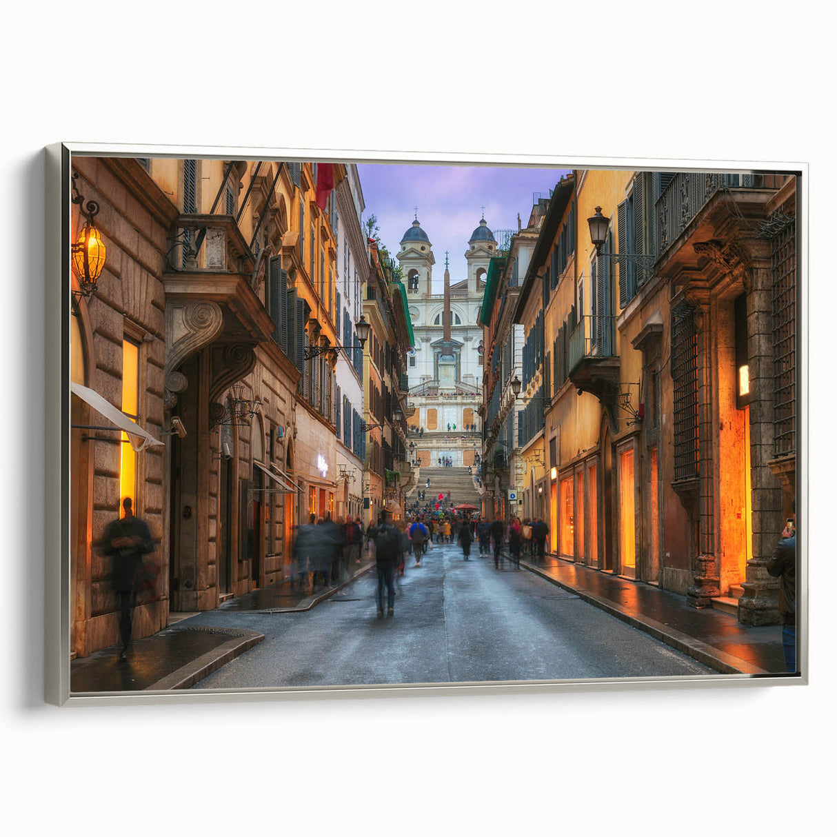 Framed canvas depicting a vintage-style Rome landscape with colorful art elements, ideal for enhancing living room decor.