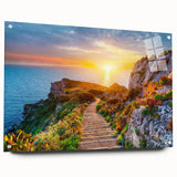 Acrylic glass print of a Sicilian landscape in muted earth tones, ideal for dining room decor.