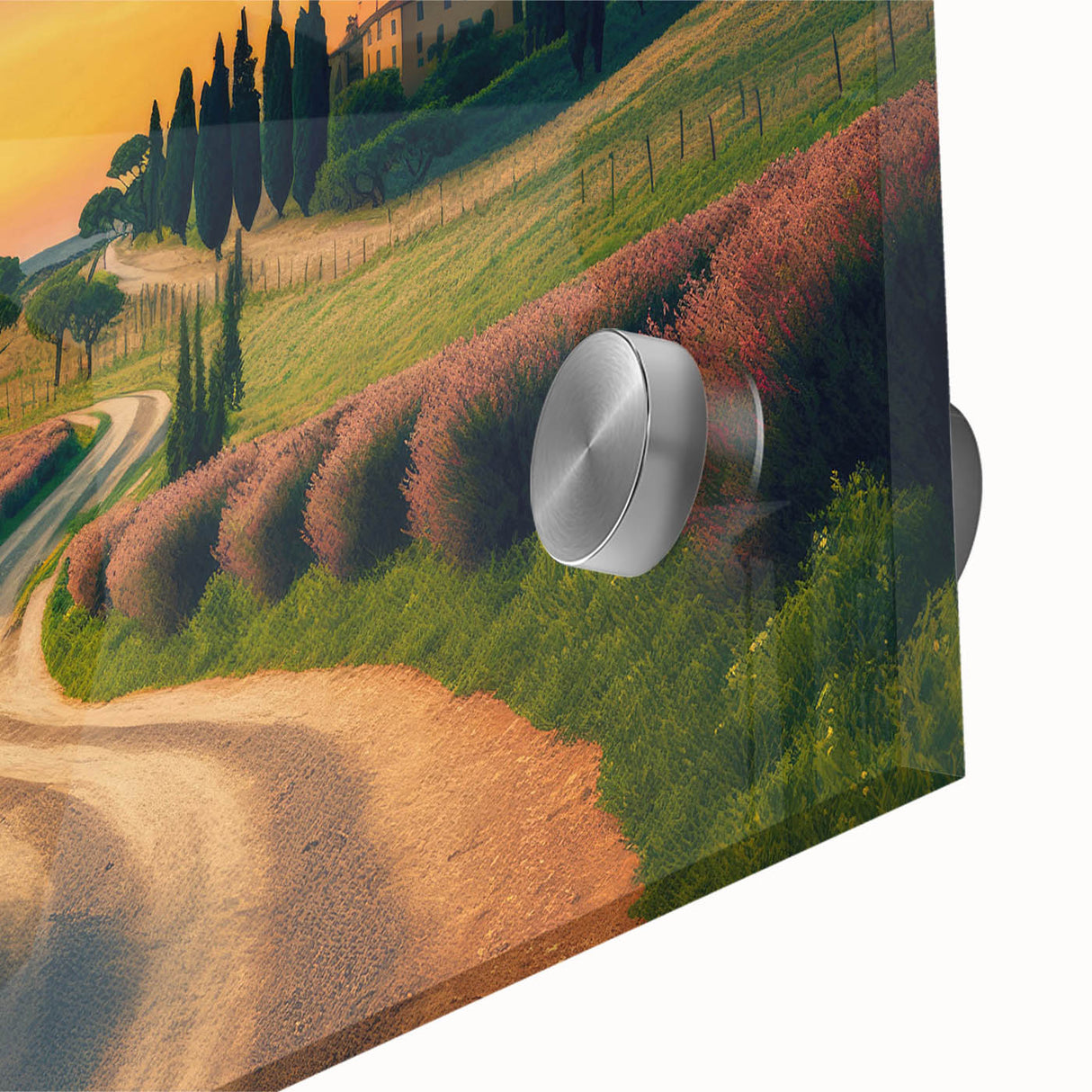 Large abstract depiction of Tuscany landscape in muted earth tones on acrylic glass, ideal for dining room art.