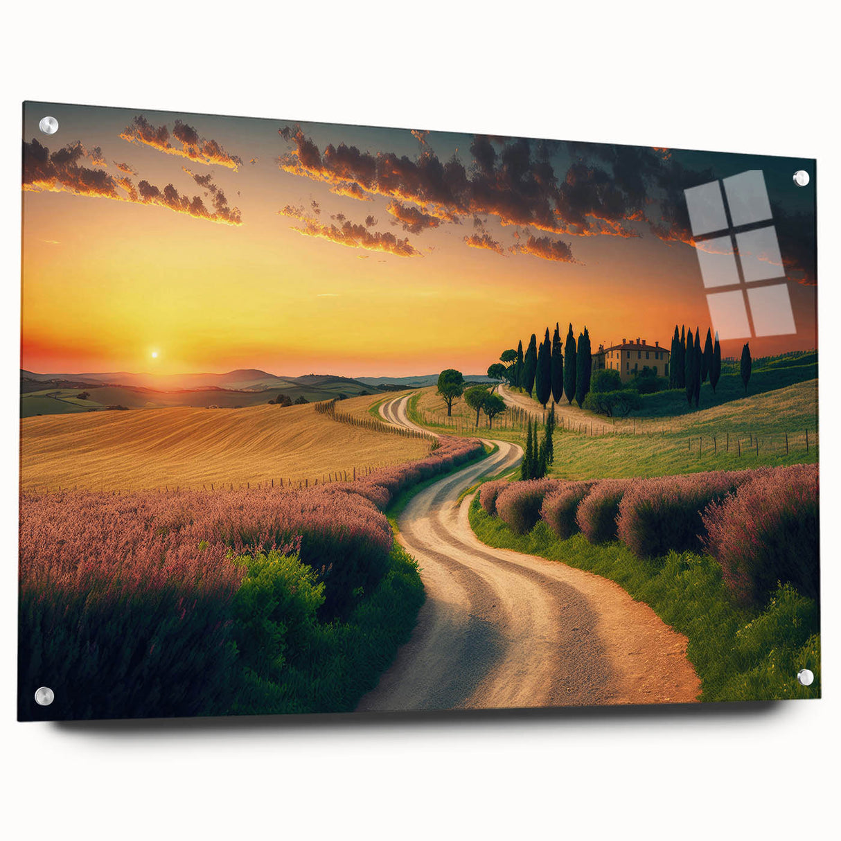 Acrylic print of a Tuscan landscape in muted earth tones, suitable for dining room decor.