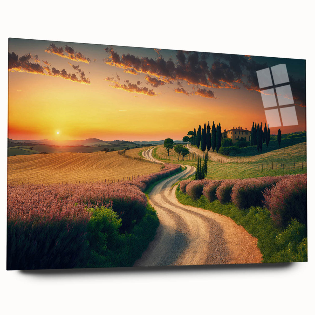 Acrylic print of a Tuscan landscape with muted earth tones, ideal for bedroom or dining room art.