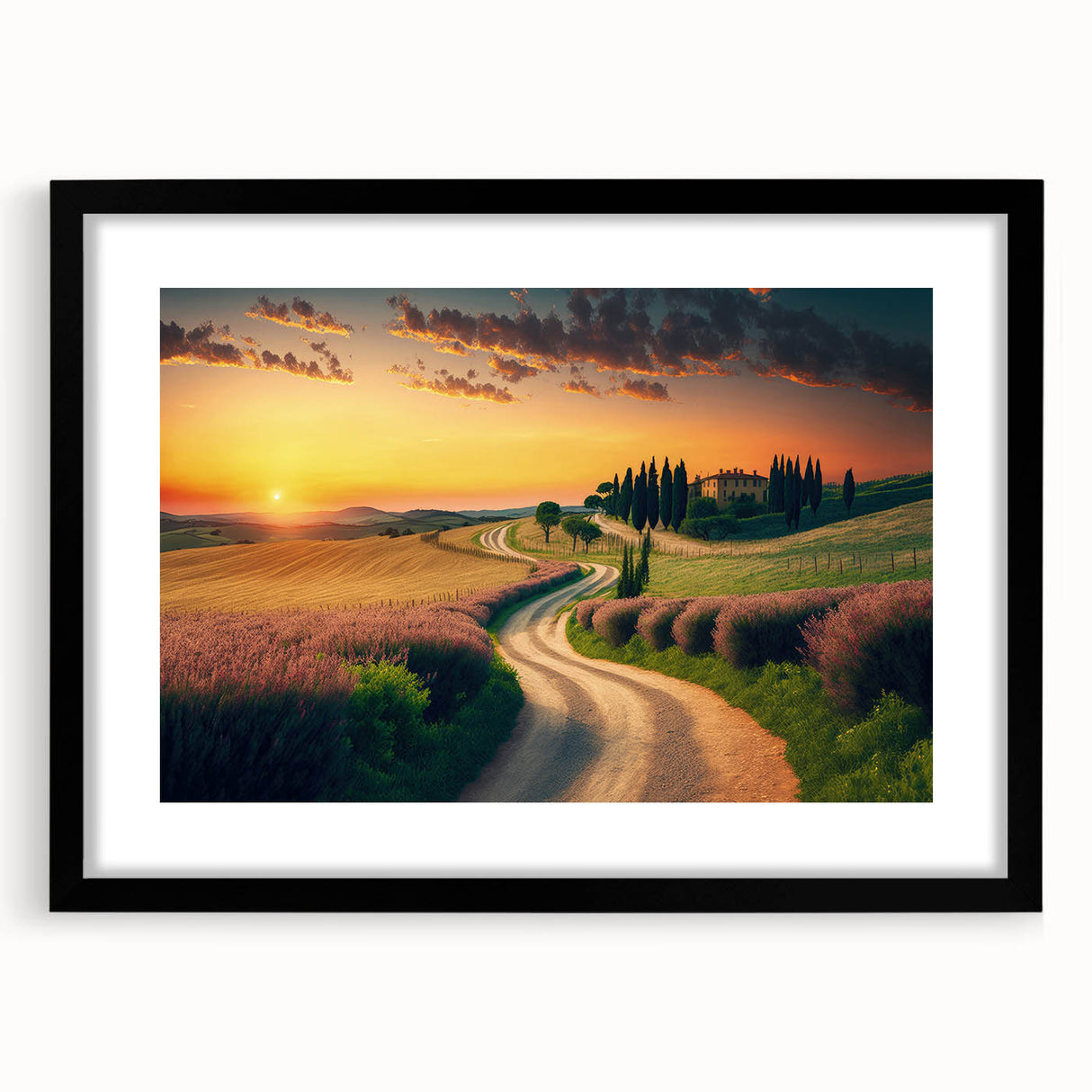 Extra large, textured abstract art print of a colorful Tuscan landscape on a framed canvas, ideal for living room decor.