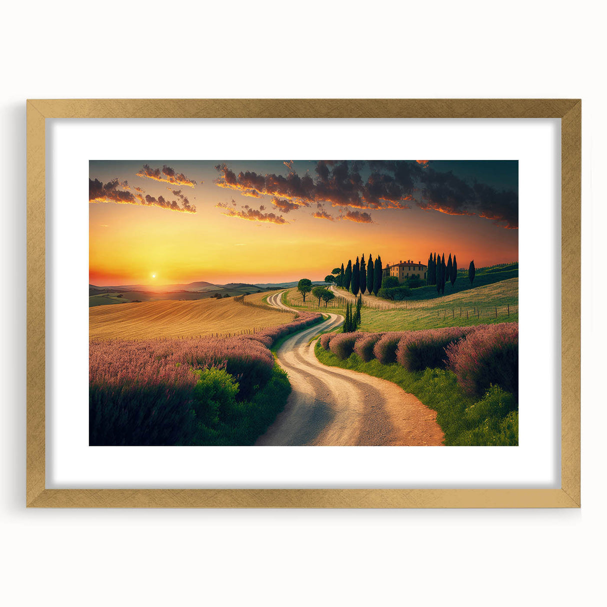 Abstract art print of the Tuscany landscape in muted earth tones on a framed canvas, suitable for dining room decor.