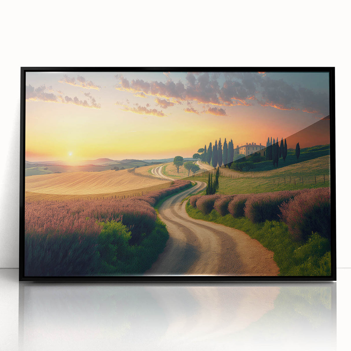 Large abstract wall art depicting a Tuscan landscape in muted earth tones on a framed acrylic.