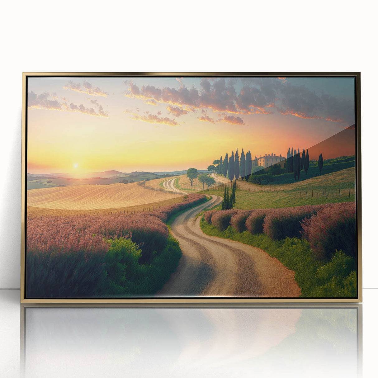 Acrylic print of a Tuscan landscape, featuring rolling hills and a golden sky, framed in gold.