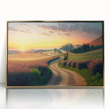 Acrylic print of a Tuscan landscape, featuring rolling hills and a golden sky, framed in gold.