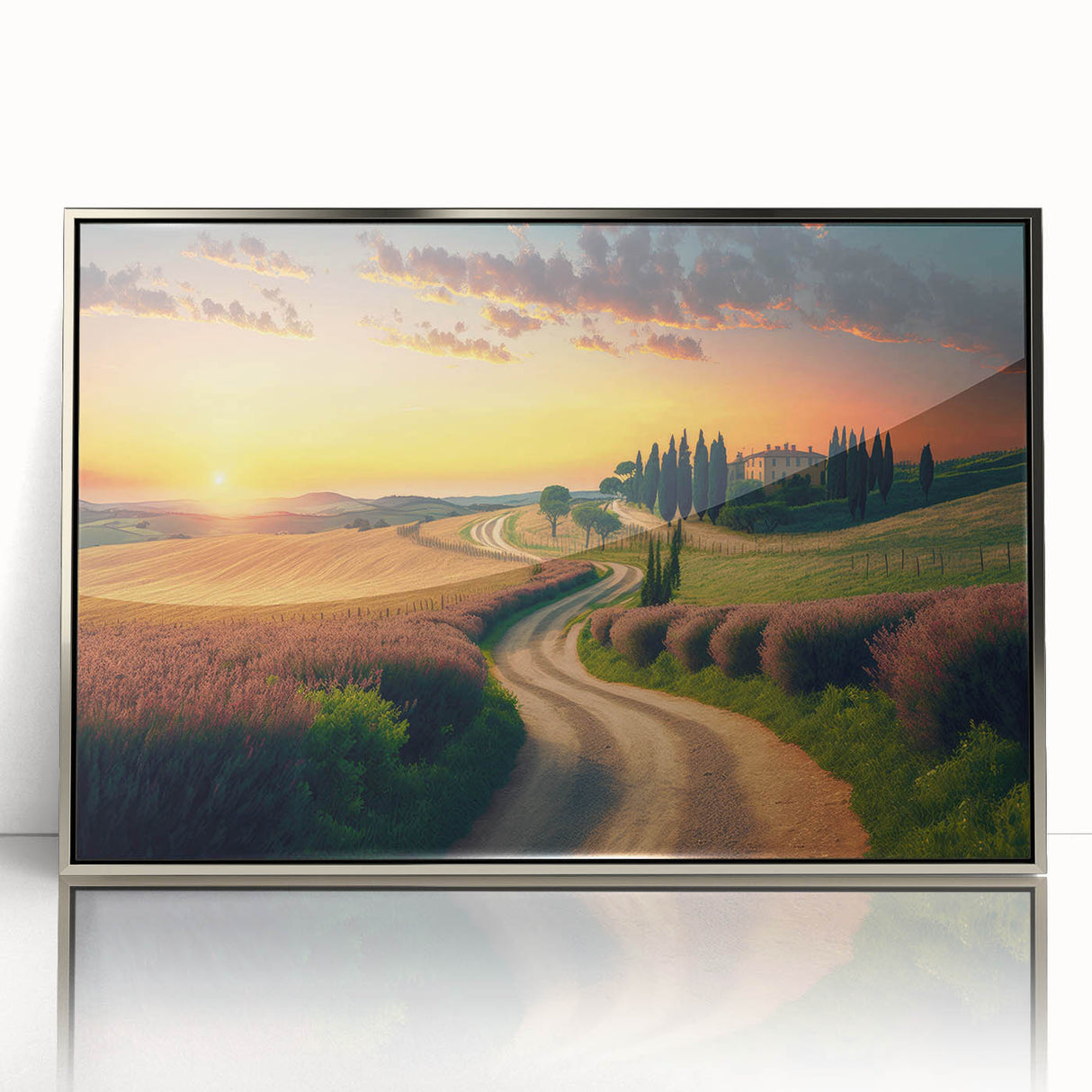 Framed acrylic print of a Tuscan landscape in muted earth tones, ideal for modern art wall decor.
