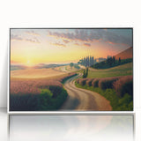 Mid-century modernist art of Tuscany landscape in acrylic, framed with white border, ideal for nursery wall art.