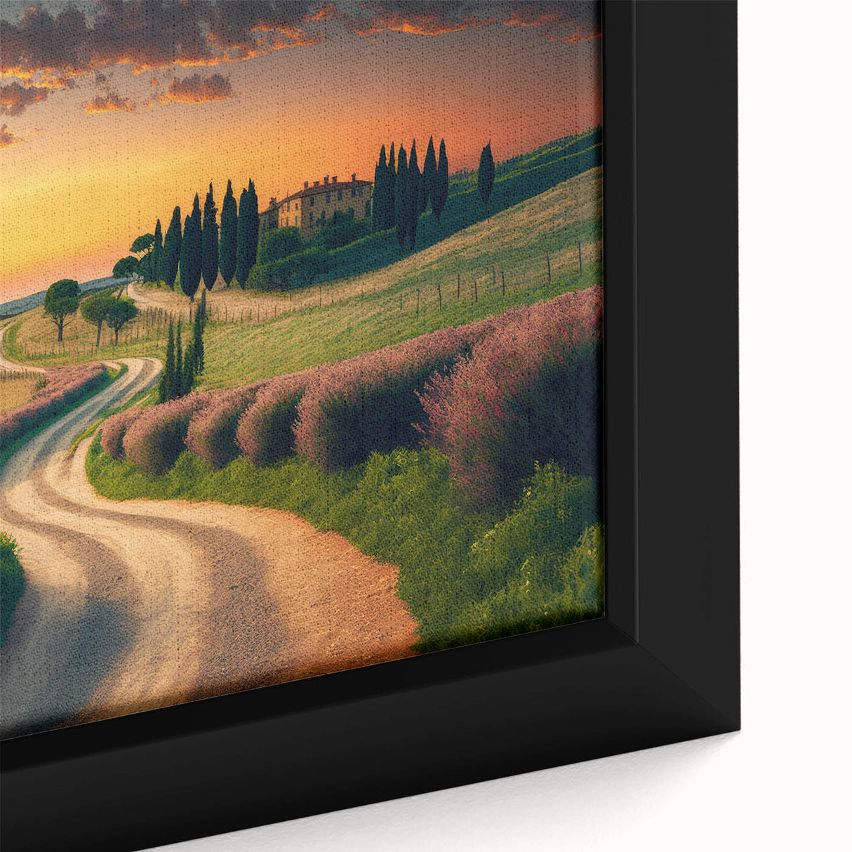 Textured black wall art featuring a Tuscan landscape on framed canvas, ideal for enhancing a living room's ambiance.