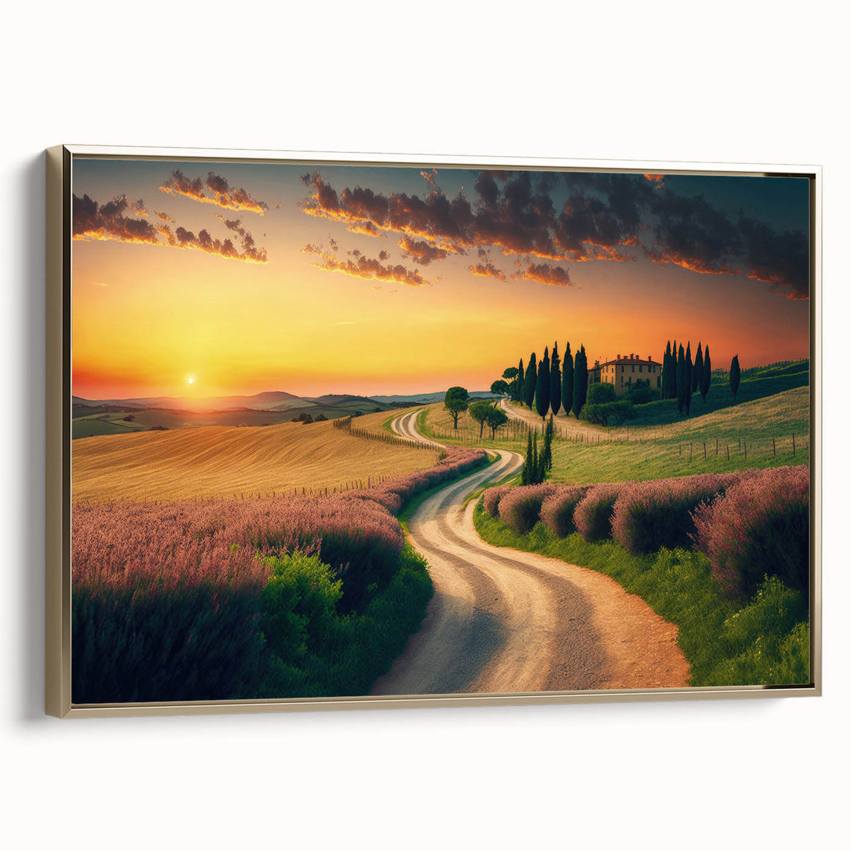 Framed canvas depicting a vintage-style Tuscan landscape in muted earth tones, ideal for bedroom wall art.