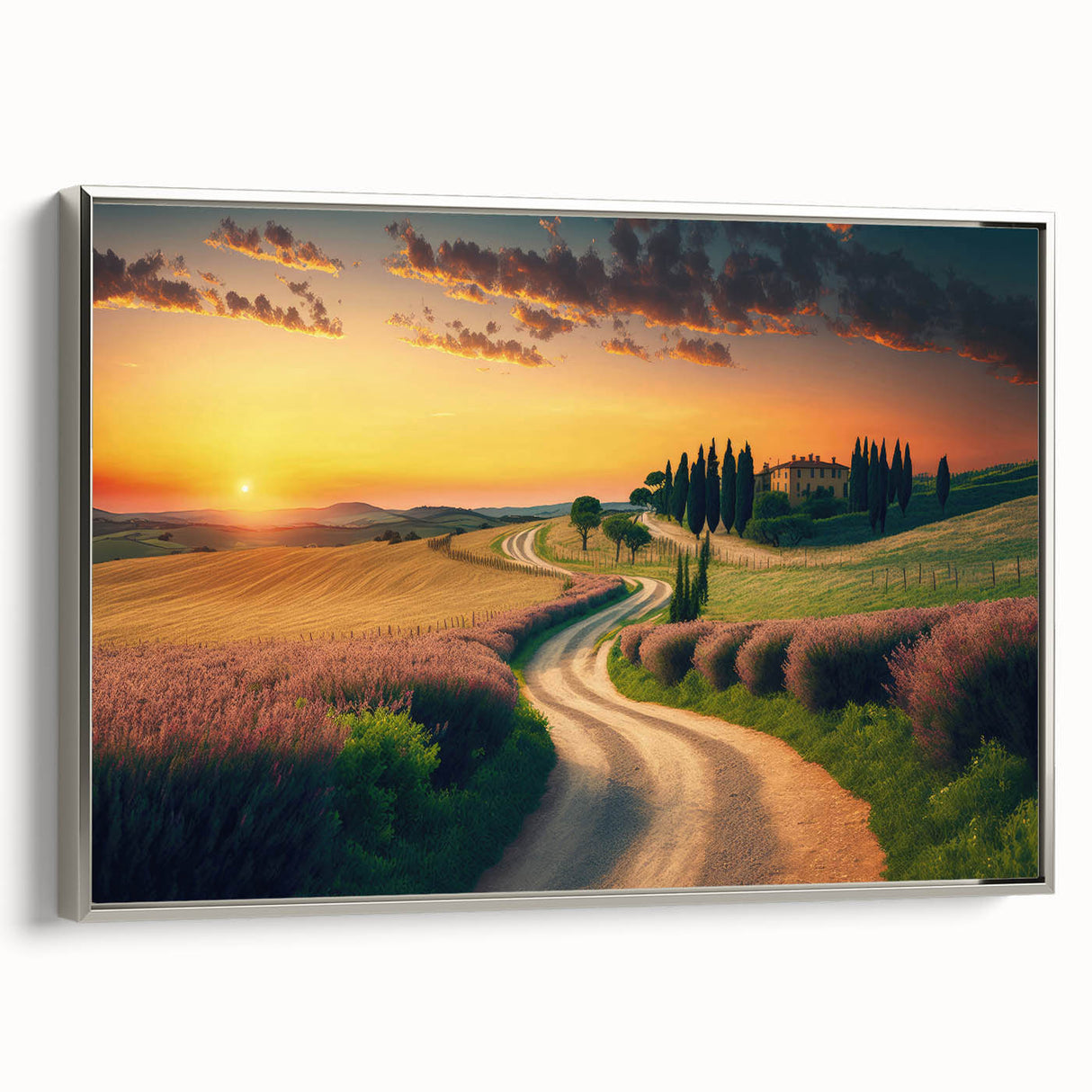 Landscape art painting of Tuscany on framed canvas, featuring colorful fields and a vintage poster style.