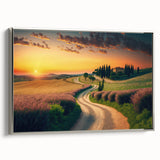 Landscape art painting of Tuscany on framed canvas, featuring colorful fields and a vintage poster style.