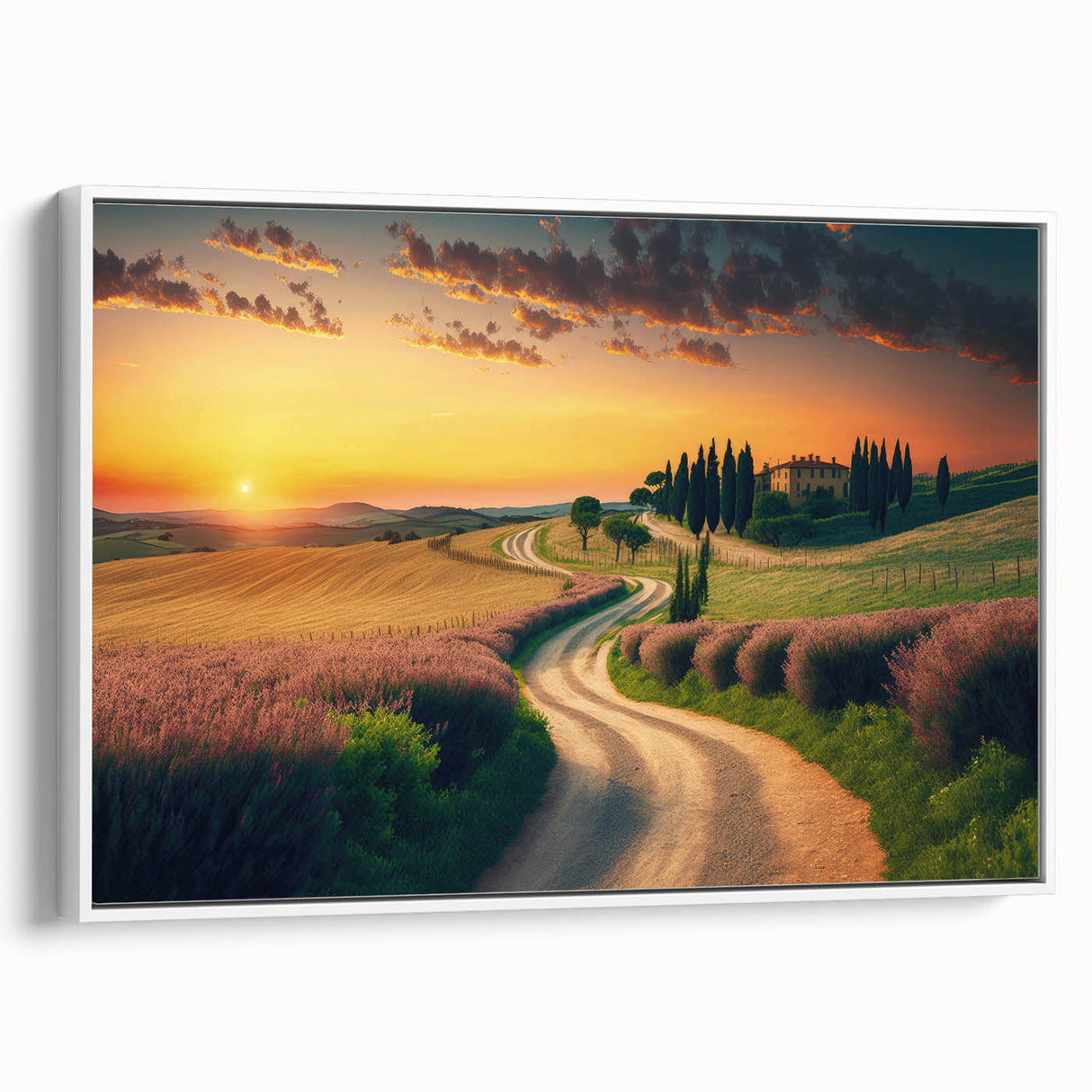 Vintage poster art of Tuscany landscape on framed canvas, featuring vibrant green and blue tones.