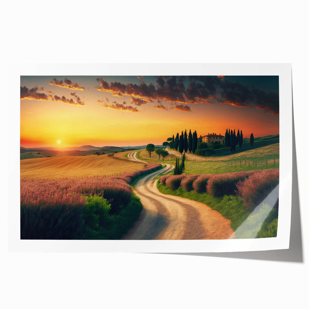 Scenic Tuscany landscape print on rolled canvas, featuring soft pastel hues, perfect for art wall dining room.