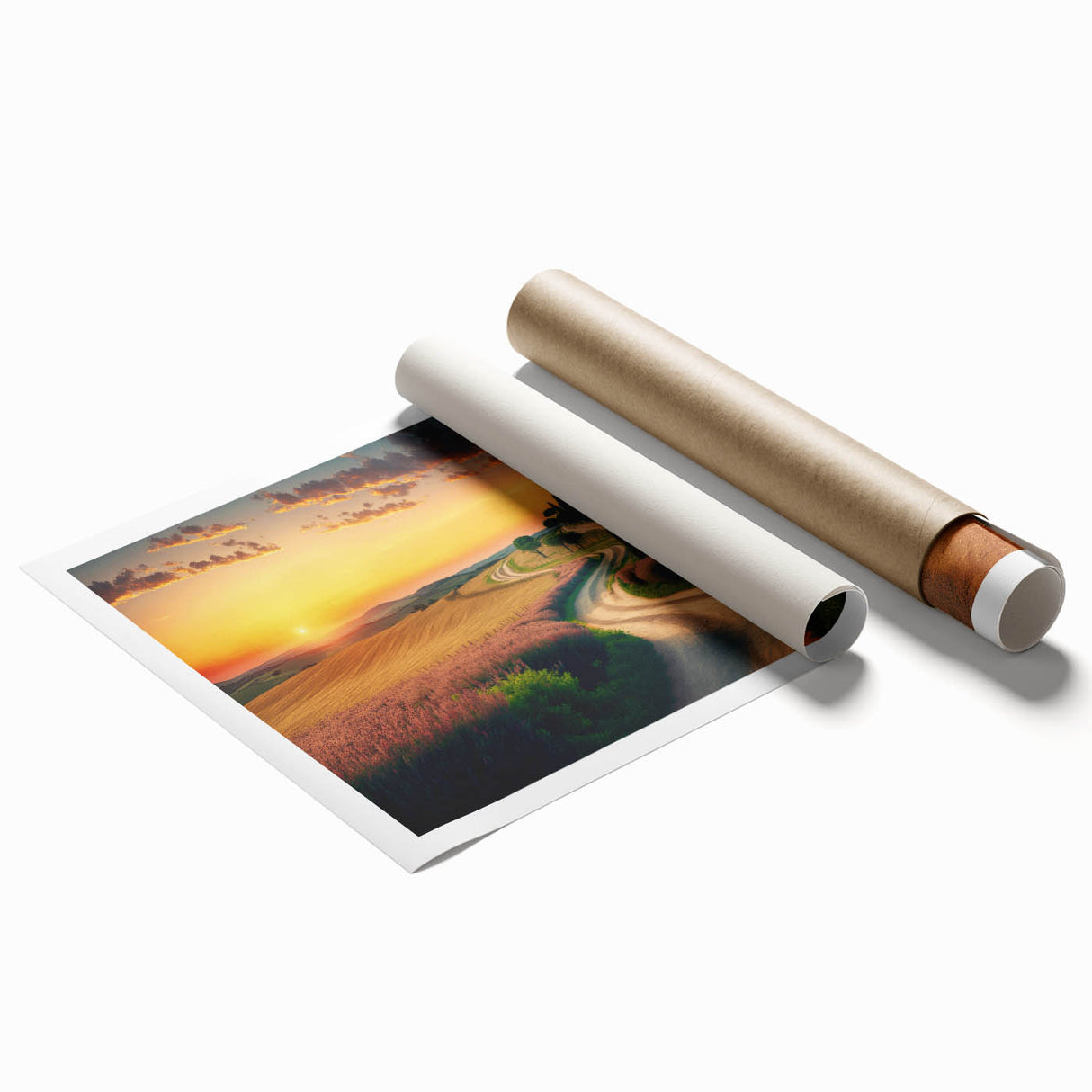 Extra large rolled print of a Tuscan landscape with vibrant green fields and a blue sky, ideal for classy bathroom wall art.