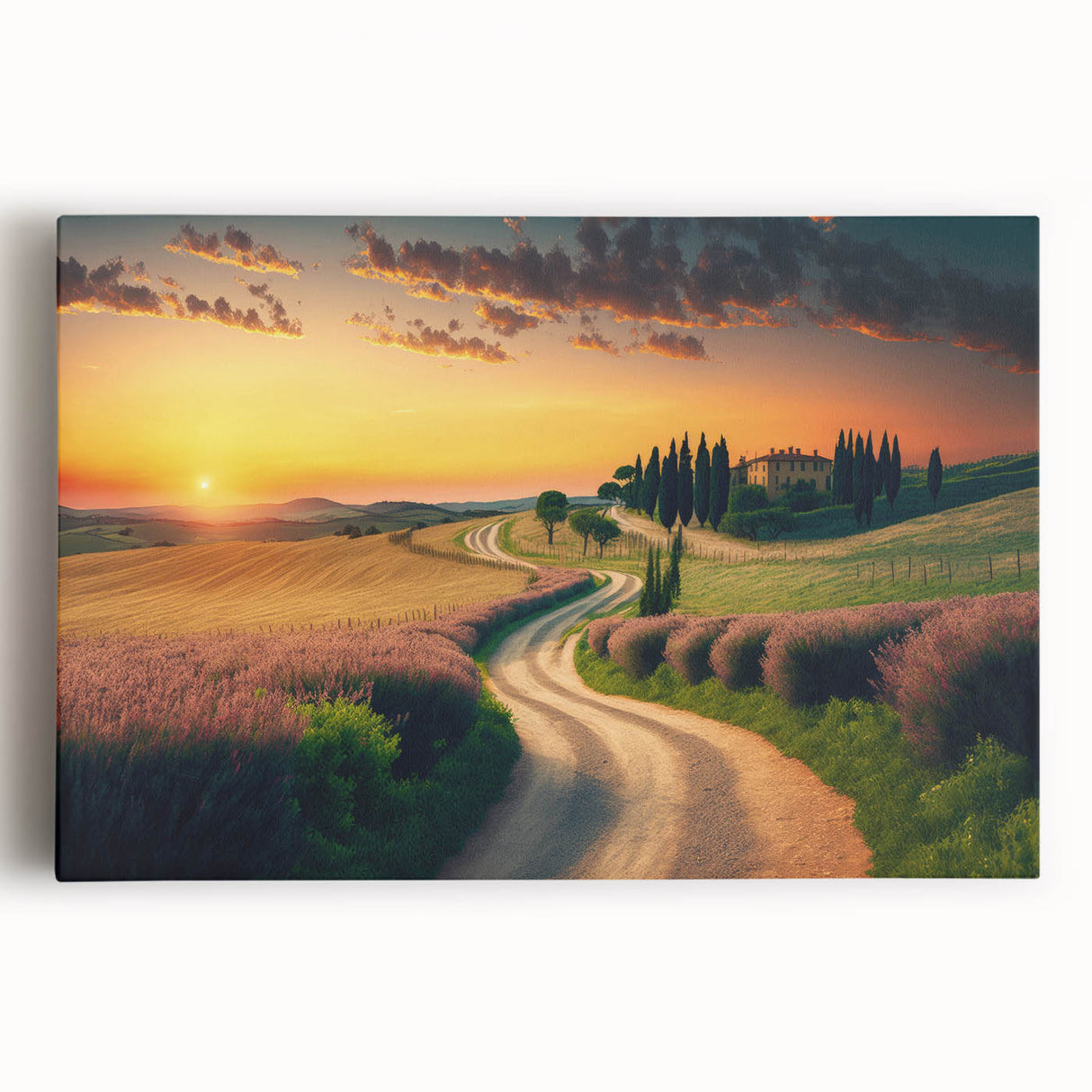 Black and white stretched canvas of Tuscany landscape, ideal for kitchen wall art or bedroom decor.