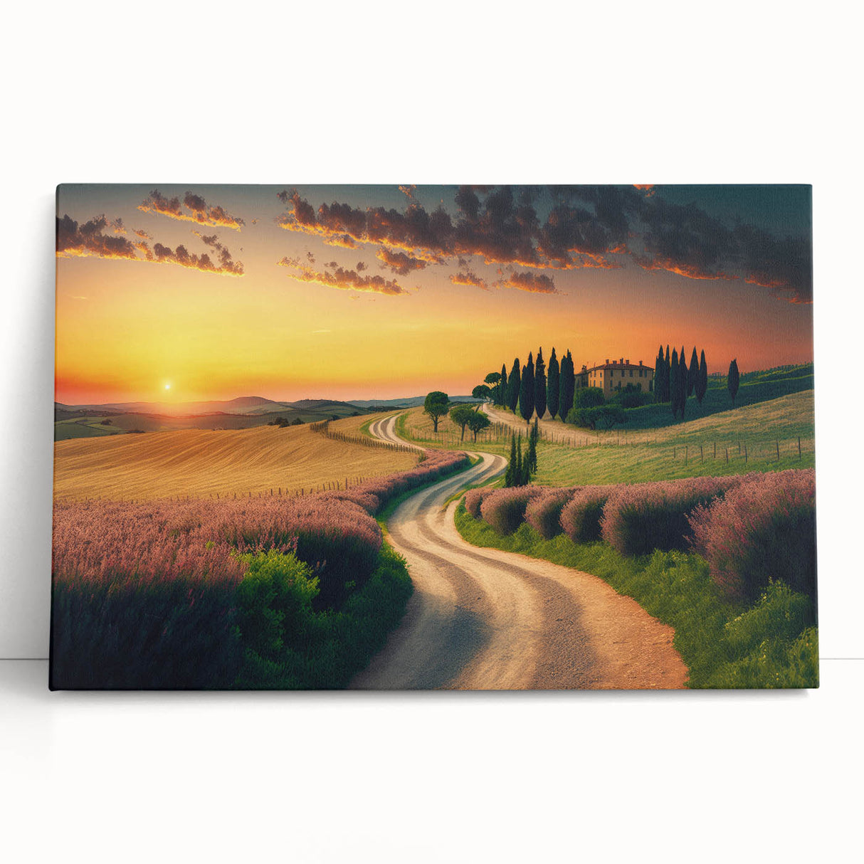 Black and white photo of Tuscany landscape on stretched canvas, suited for kitchen wall art.