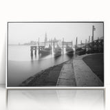 Mid-century modernist art depicting a Venetian canal scene in muted pastel shades on a framed acrylic.