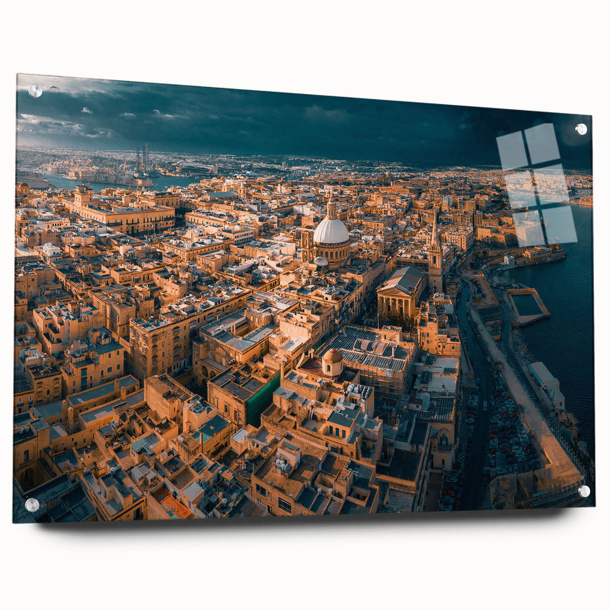 Acrylic print of a European Malta scenery in muted blue and green tones, suitable for dining room decor.