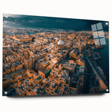 Acrylic print of a European Malta scenery in muted blue and green tones, suitable for dining room decor.