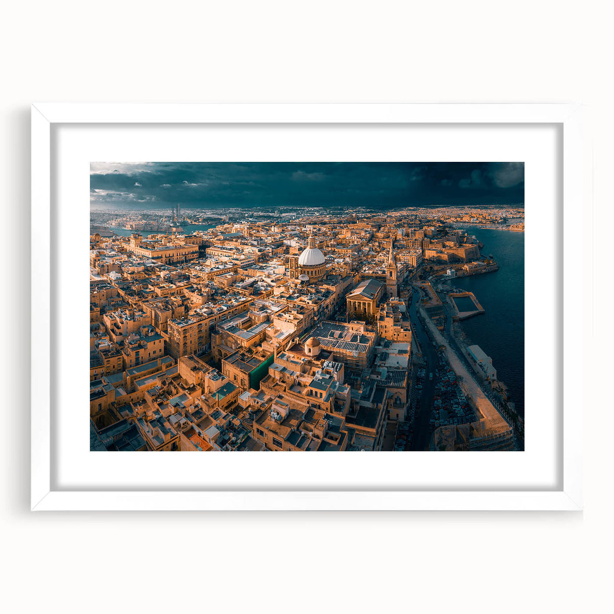 Textured abstract art print of Malta scenery in muted earth tones on a framed white mat, ideal for bedroom art.