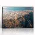 Large abstract wall art of a European Malta scenery in muted blues and greens on a framed acrylic.
