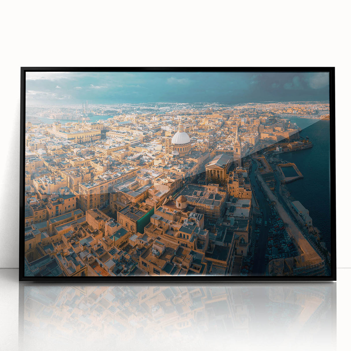 Large abstract wall art of a European Malta scenery in muted blues and greens on a framed acrylic.
