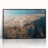 Large abstract wall art of a European Malta scenery in muted blues and greens on a framed acrylic.