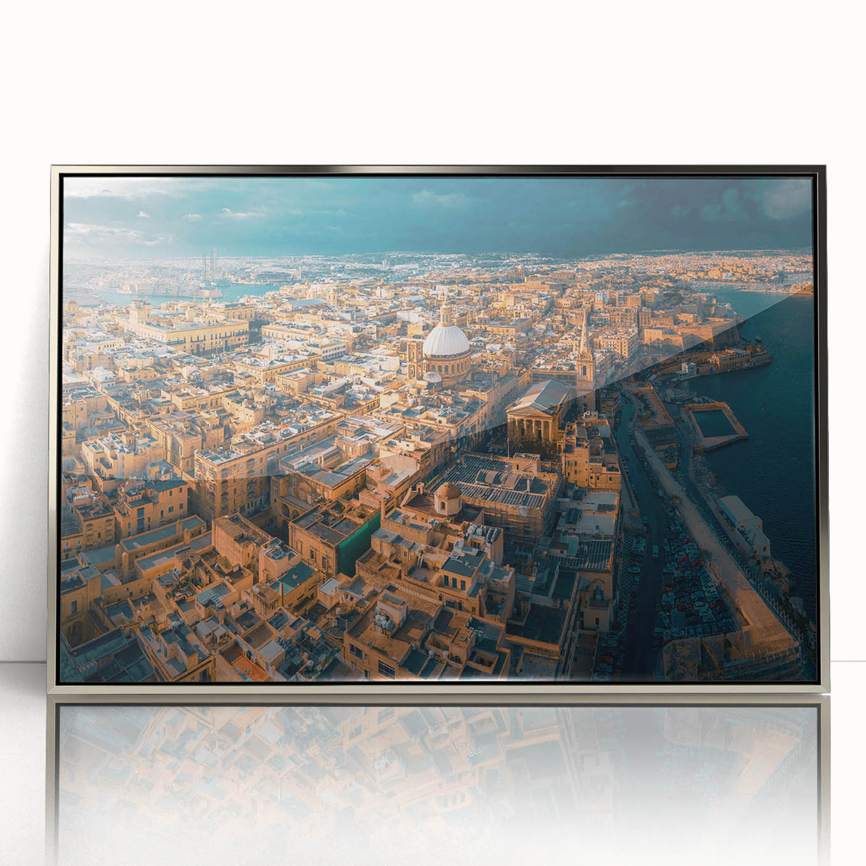 Large art print of a Malta landscape in mid-century modernist style, featuring muted earth tones on a framed acrylic.