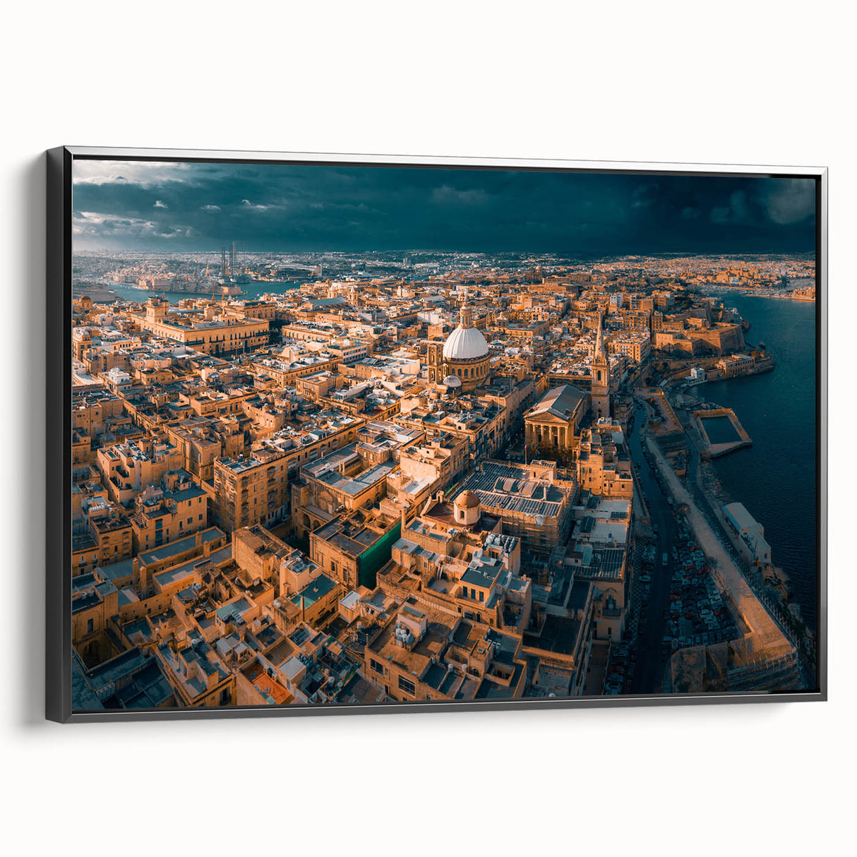 Black and white framed canvas of a Malta landscape, vintage poster art style, ideal for bedroom decor.