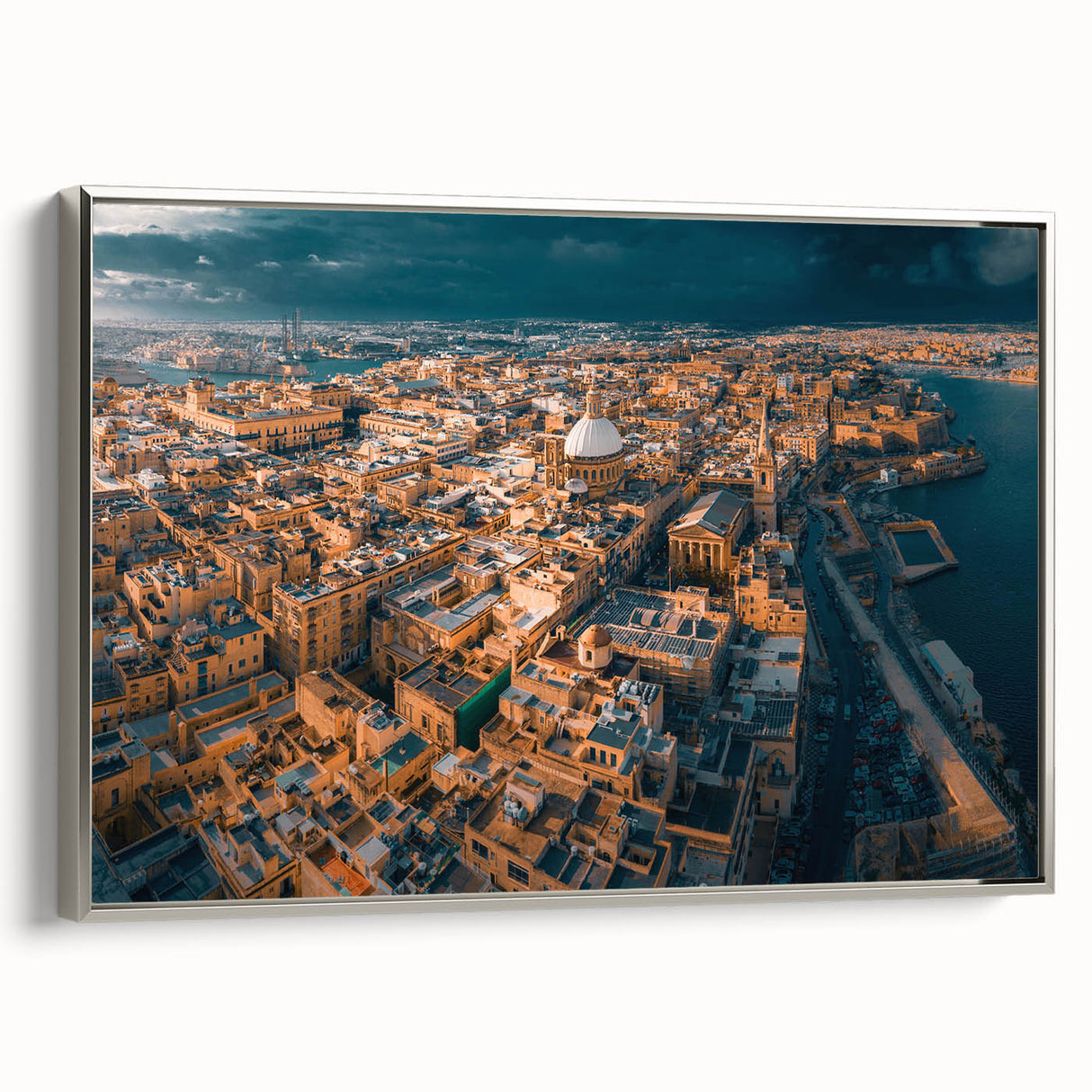 Landscape art painting of Malta on a framed canvas, featuring vibrant colors and vintage poster art style.