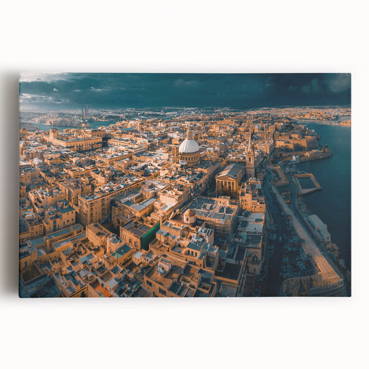 Black and white photo of Malta's coastline on stretched canvas, suitable as large kitchen wall art or for bedroom ambiance.