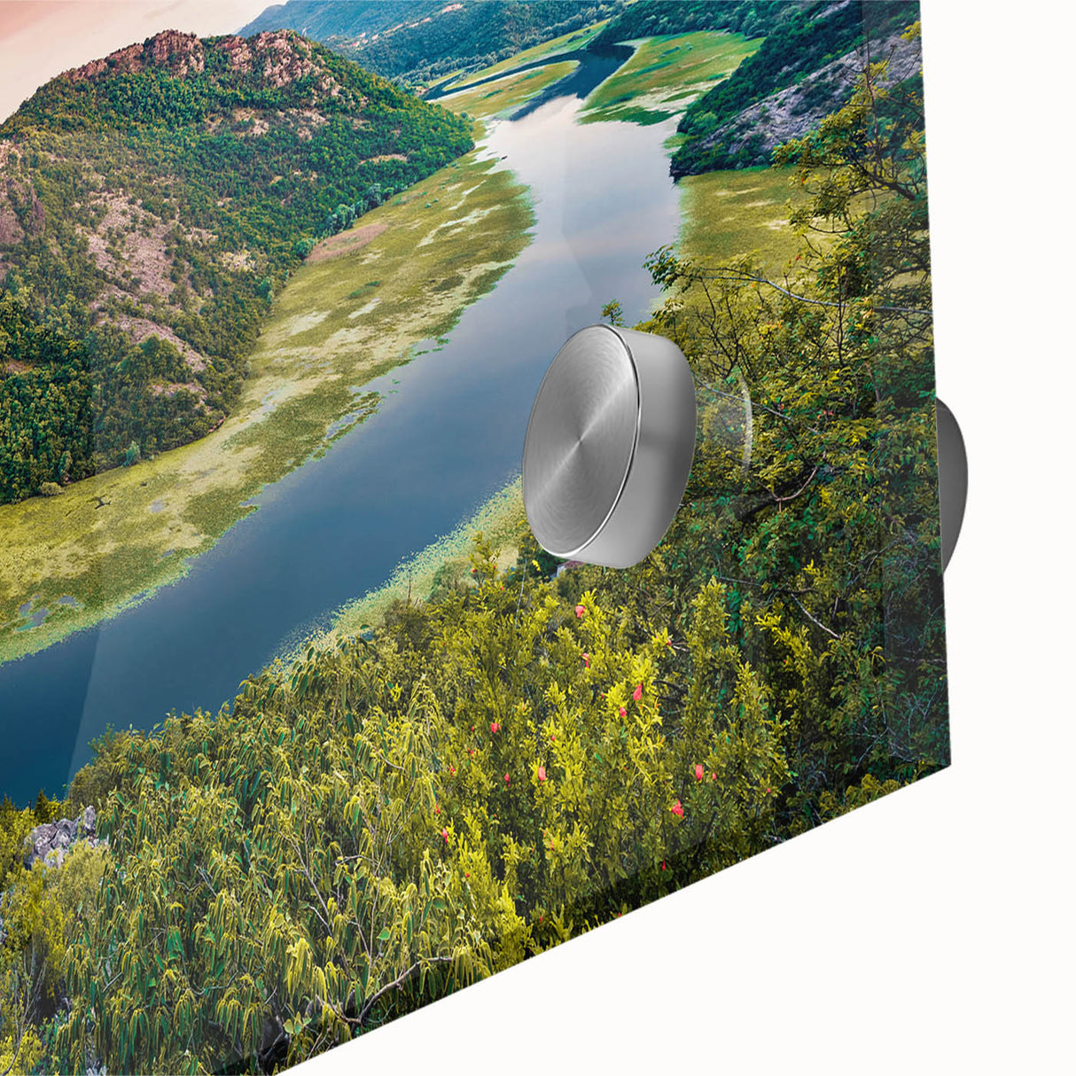 Large abstract wall art depicting a Montenegro scenery in muted earth tones on acrylic glass, ideal for dining room art.