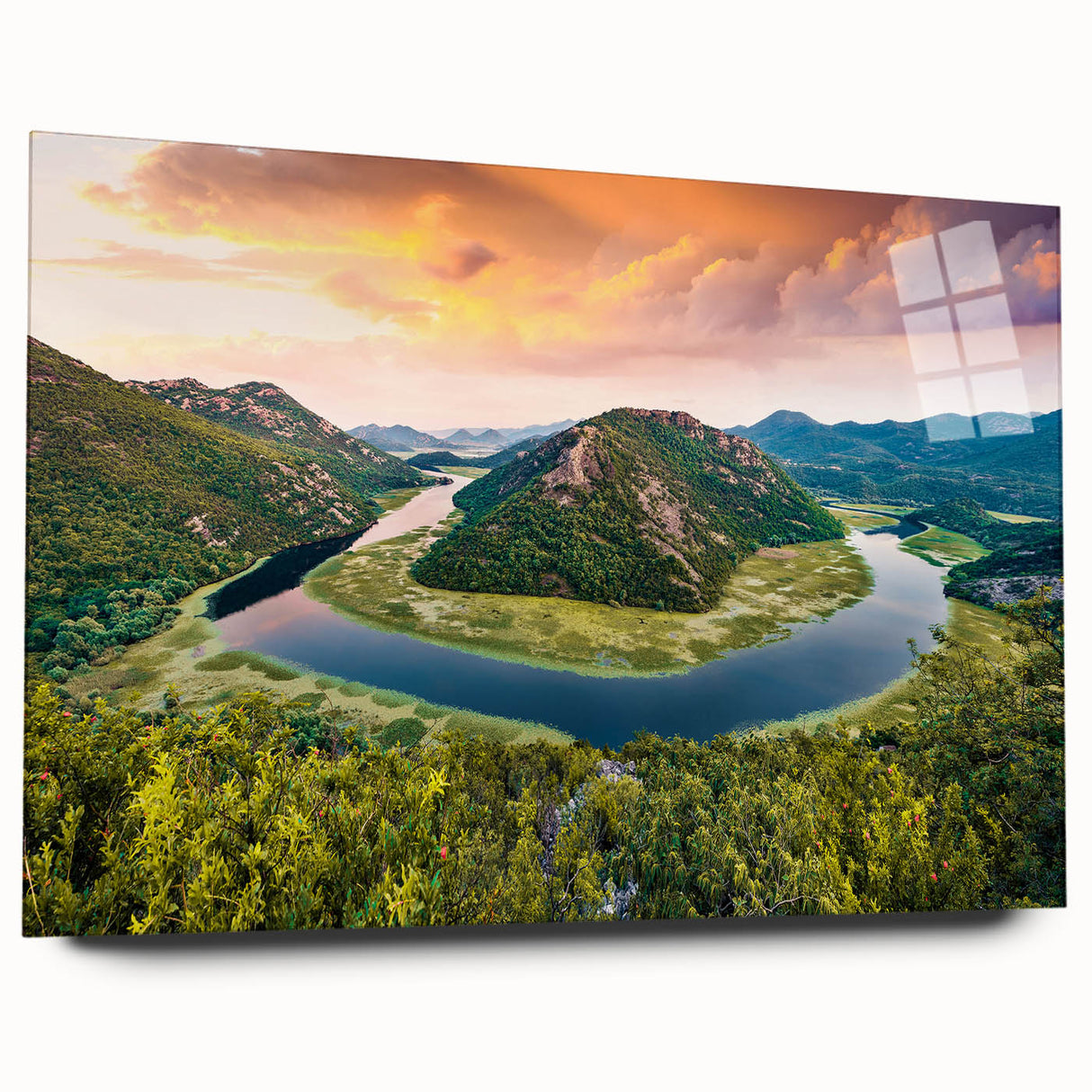 Large abstract wall art of a European Montenegro scenery in muted blue tones on acrylic glass.