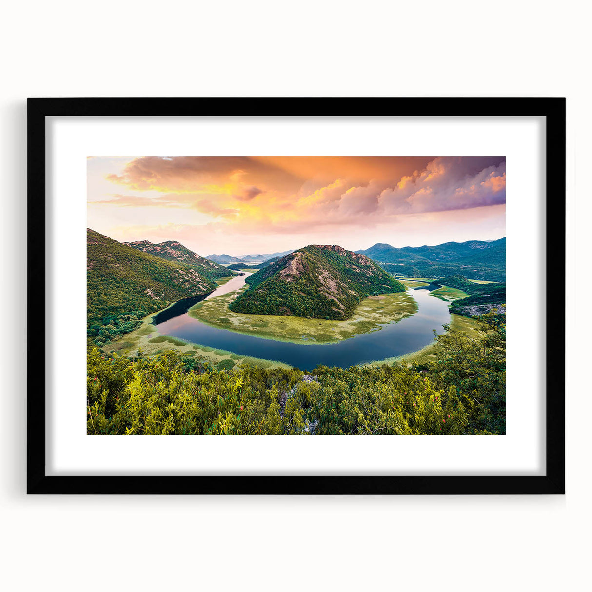 Extra large framed abstract art print depicting a colorful, textured European scenery, ideal for living room decor.