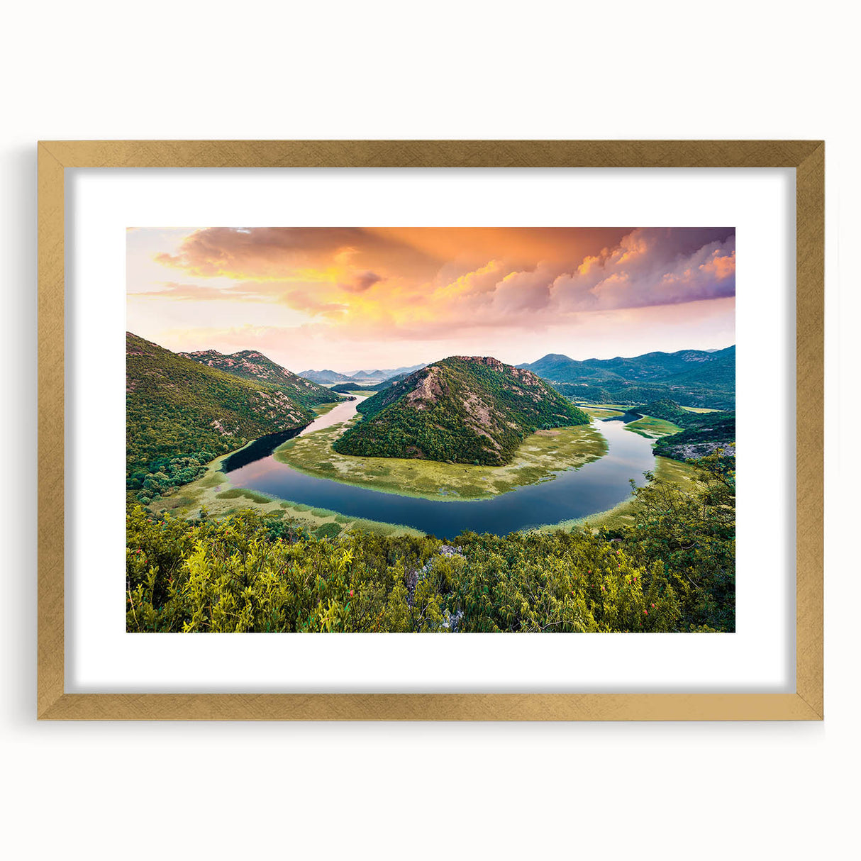 Abstract art print of Montenegro scenery in muted earth tones, framed in gold, suitable for dining room decor.