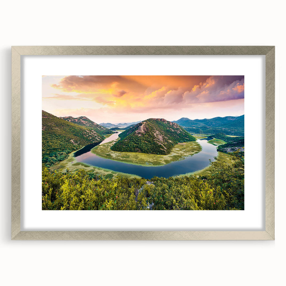 Extra large abstract art print of a European scenery in muted earth tones on a textured canvas, framed in silver.