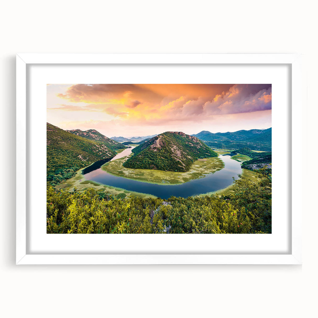Textured abstract art print depicting a European Montenegro landscape in muted earth tones, framed with a white mat.