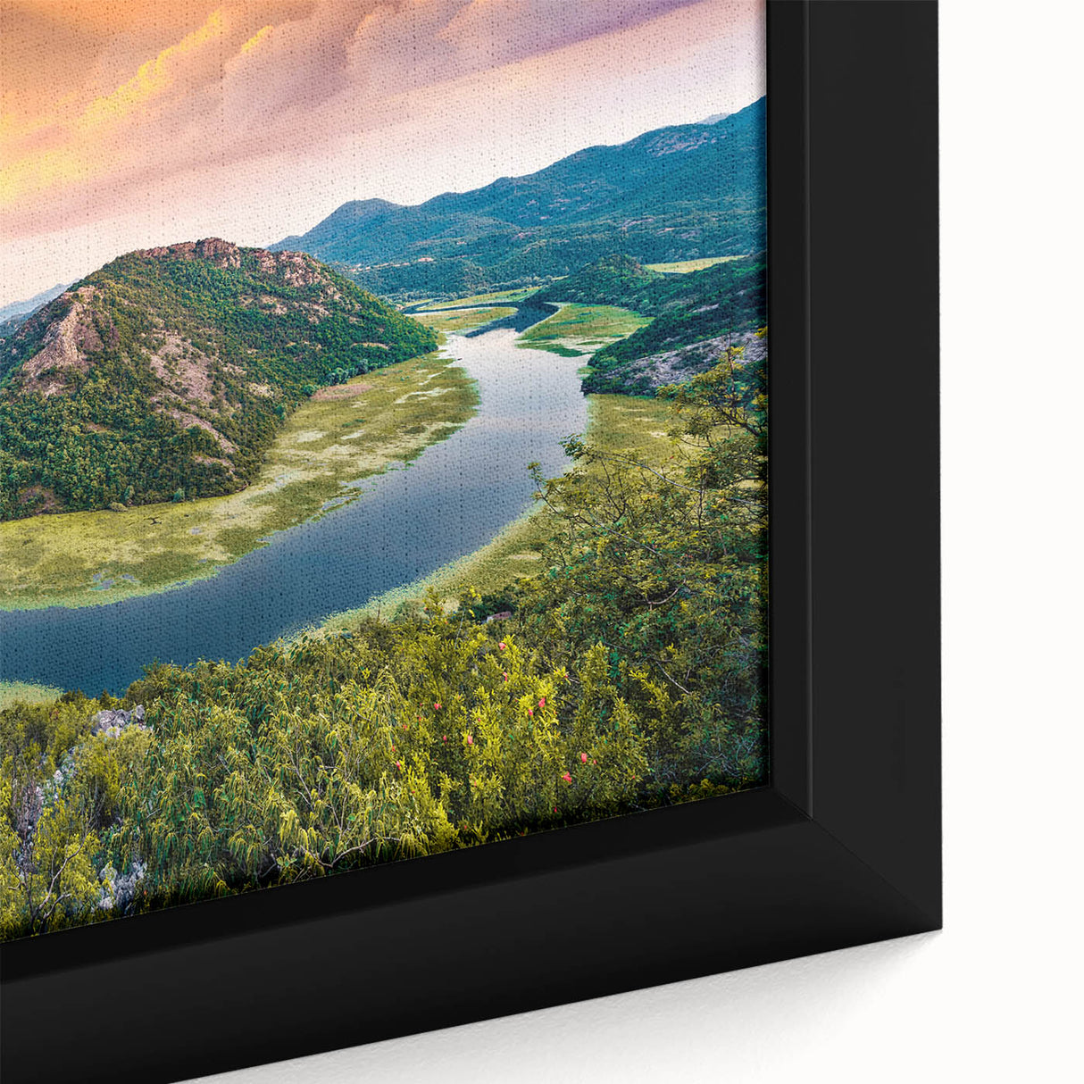 Extra large framed canvas featuring a textured depiction of Montenegro scenery in muted black with colorful accents.