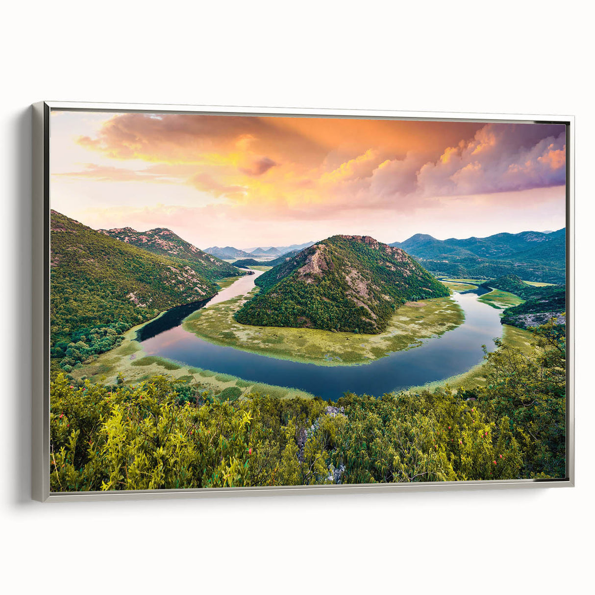Framed canvas of a vintage European landscape painting, featuring colorful Montenegro scenery, ideal for living room decor.