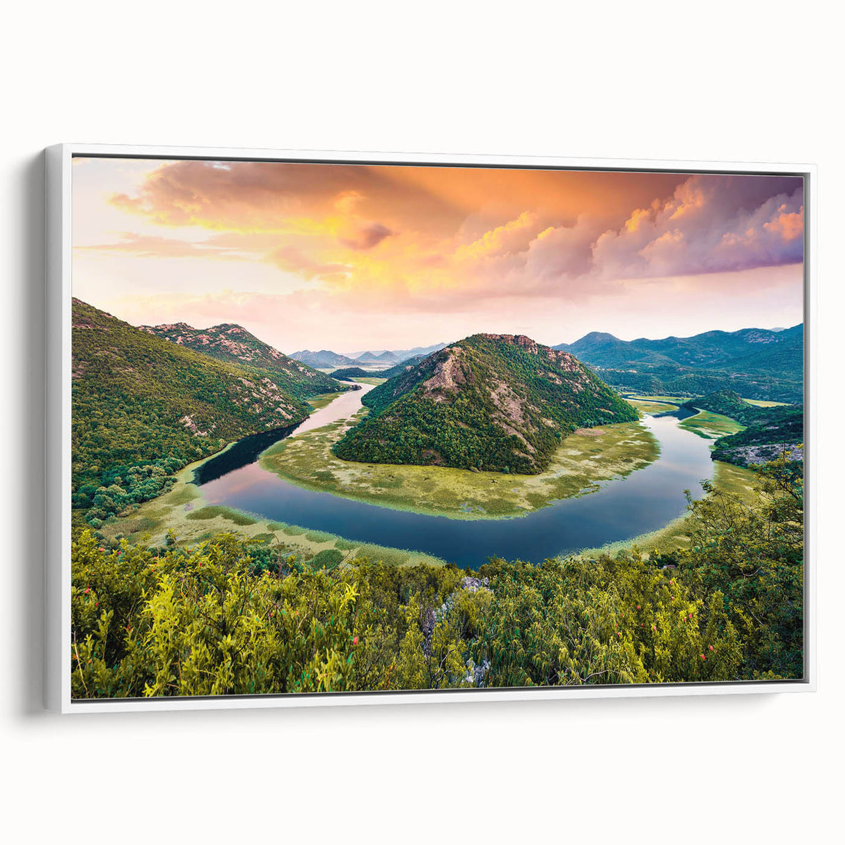 Vintage poster art of a scenic European landscape on a large framed canvas.