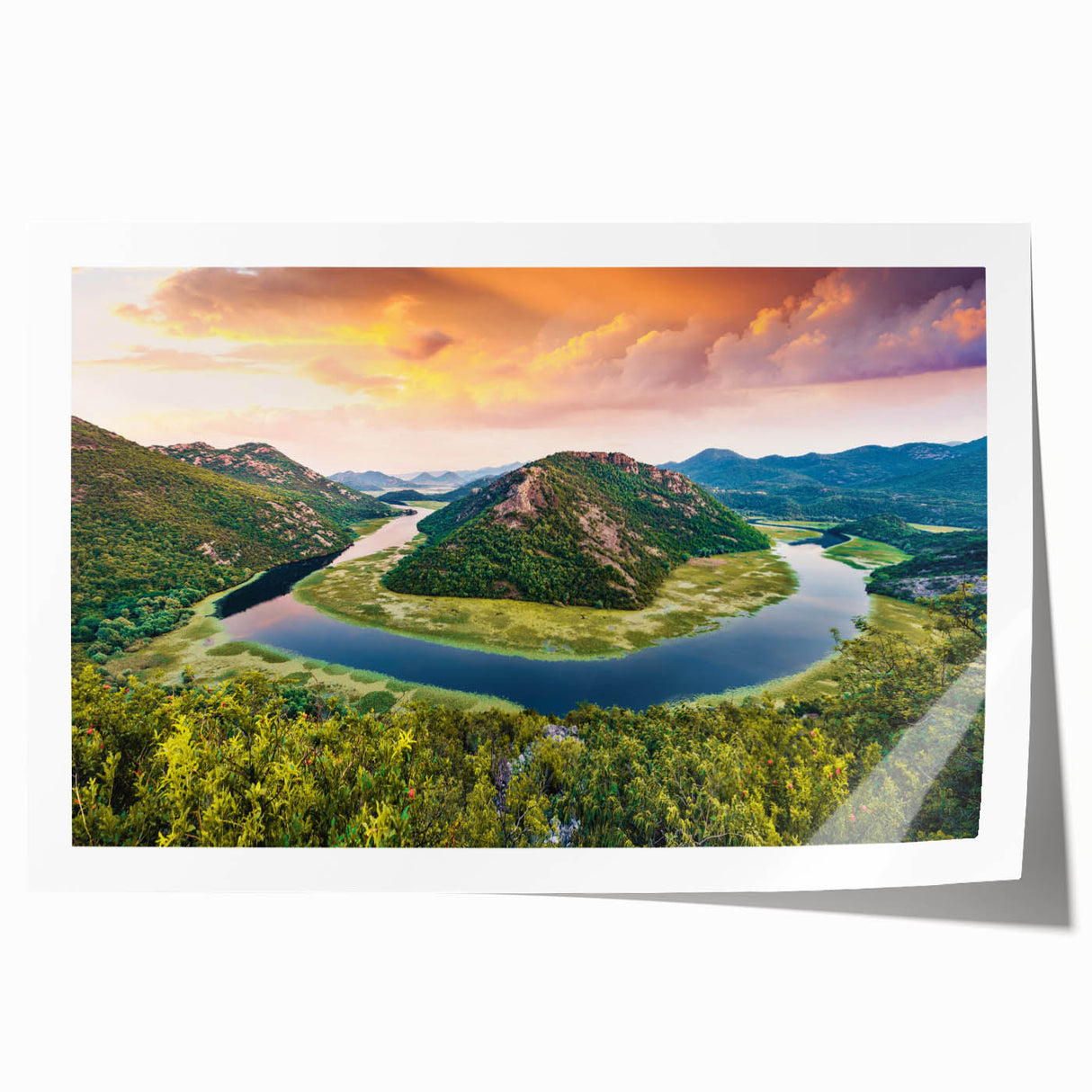 Extra large rolled print of a Montenegro landscape with muted green and blue tones, ideal for dining room wall art.