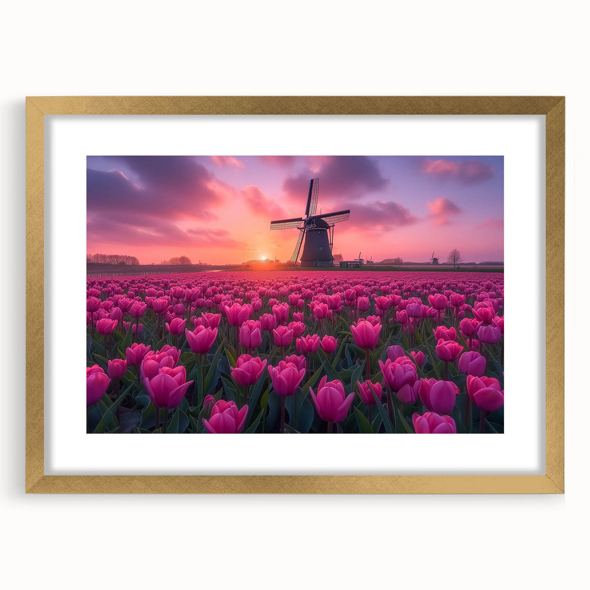 Abstract art print of a European scenery in muted gold and green tones, framed with a golden mat.