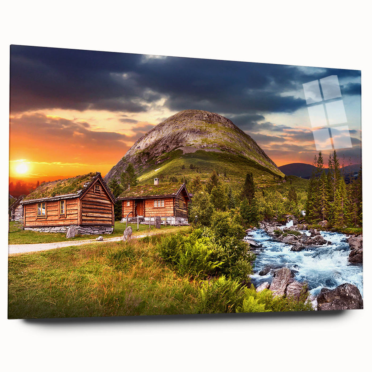Acrylic print of a serene Norwegian landscape in muted blues and greens, ideal for bedroom or dining room art.
