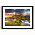Extra large abstract art print of a colorful Norwegian landscape on textured canvas, framed in black.