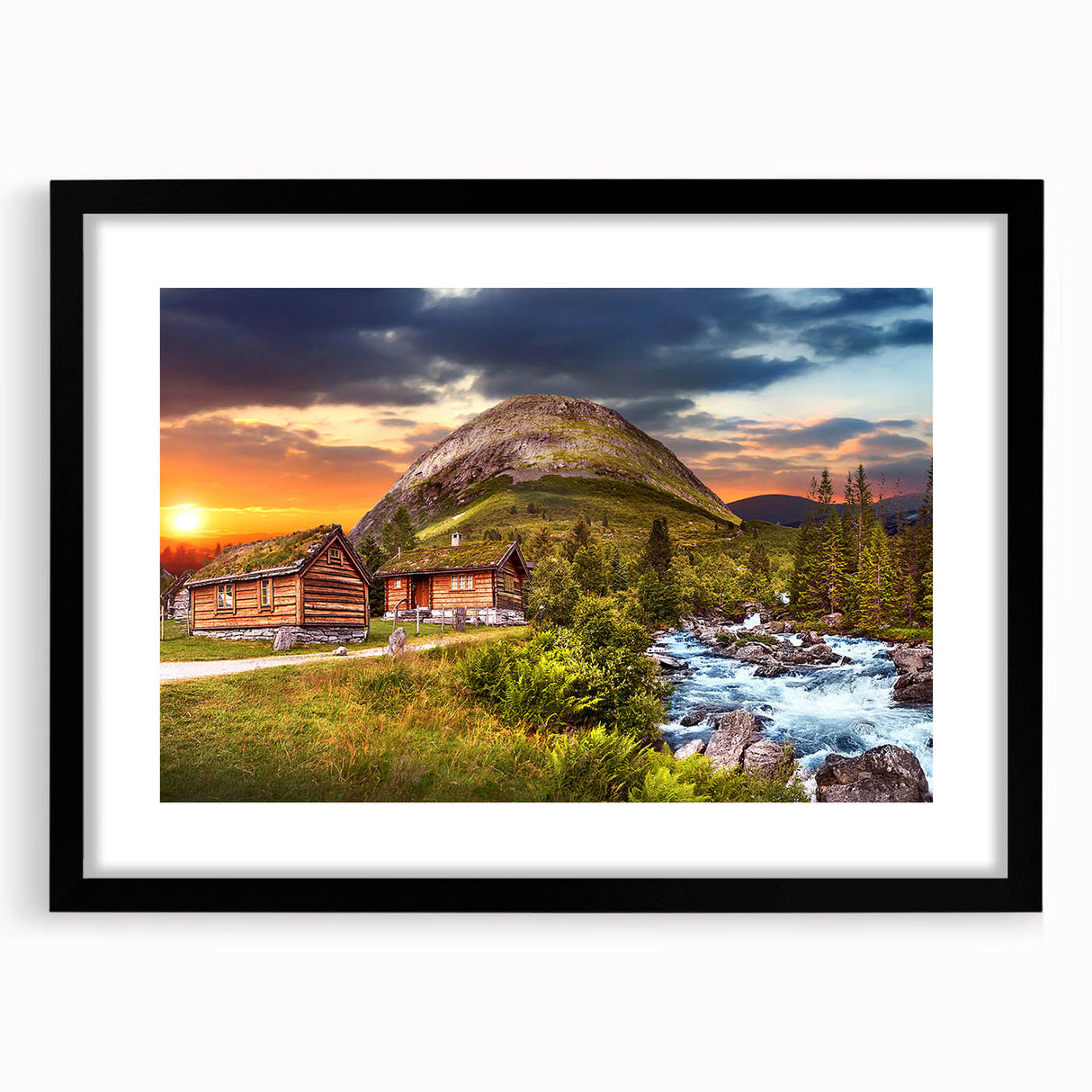 Extra large abstract art print of a colorful Norwegian landscape on textured canvas, framed in black.