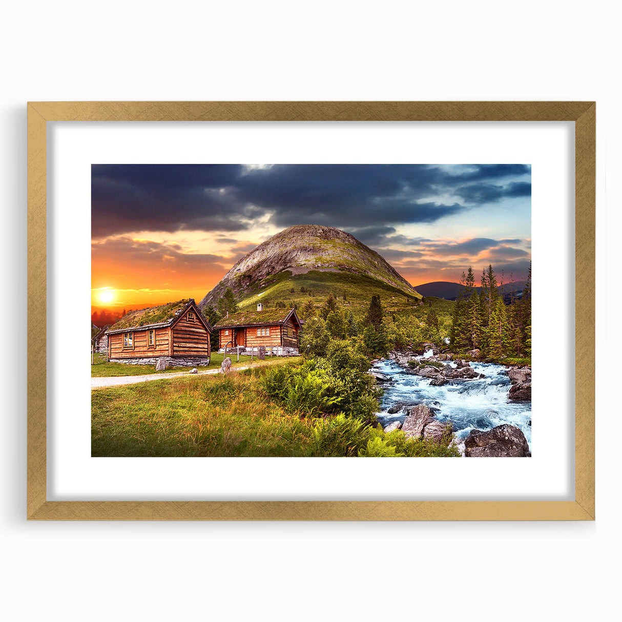 Abstract art print of a Norwegian landscape, featuring muted earth tones on a framed canvas, ideal for dining room decor.