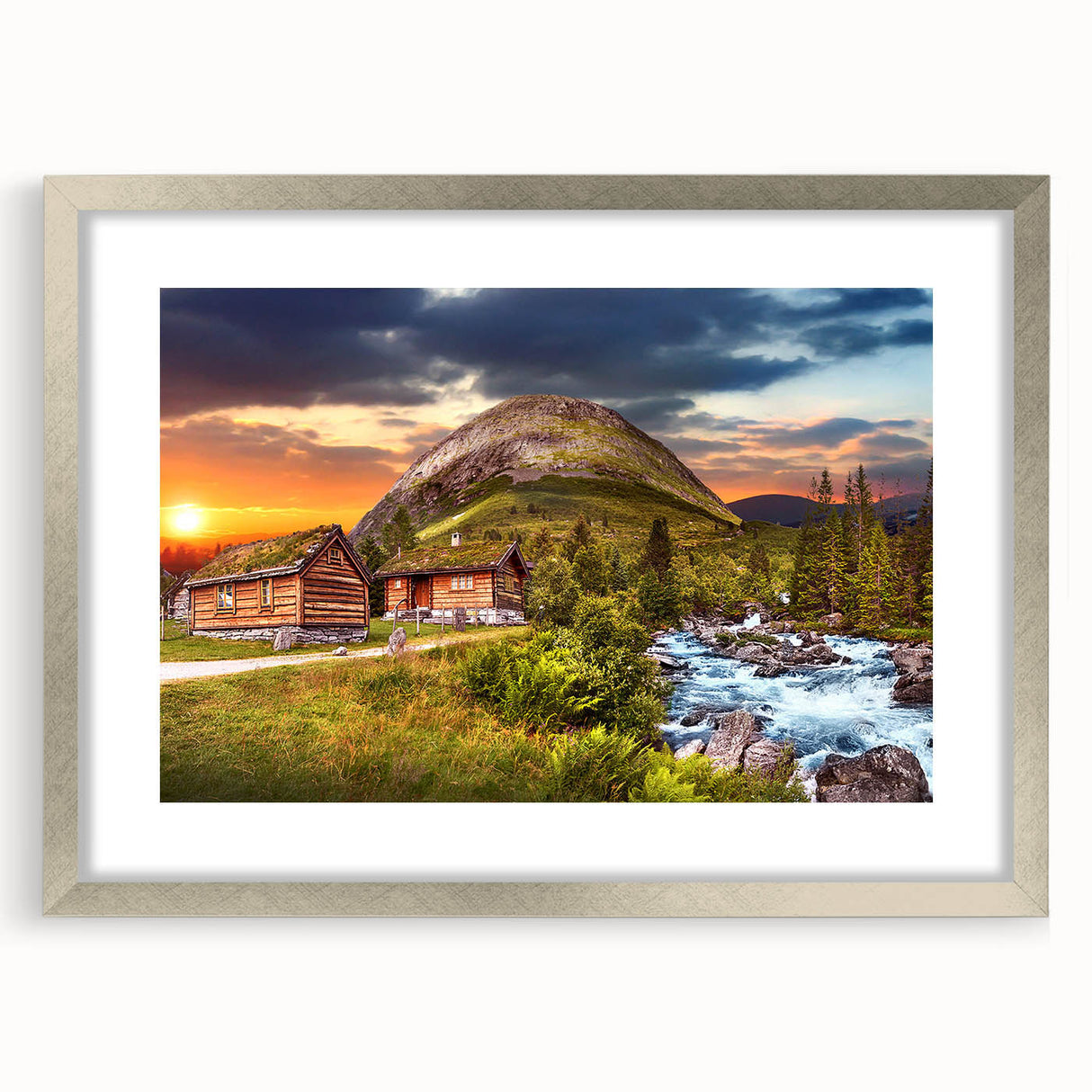 Extra large abstract art print of a textured Norwegian landscape in muted earth tones, framed in silver.