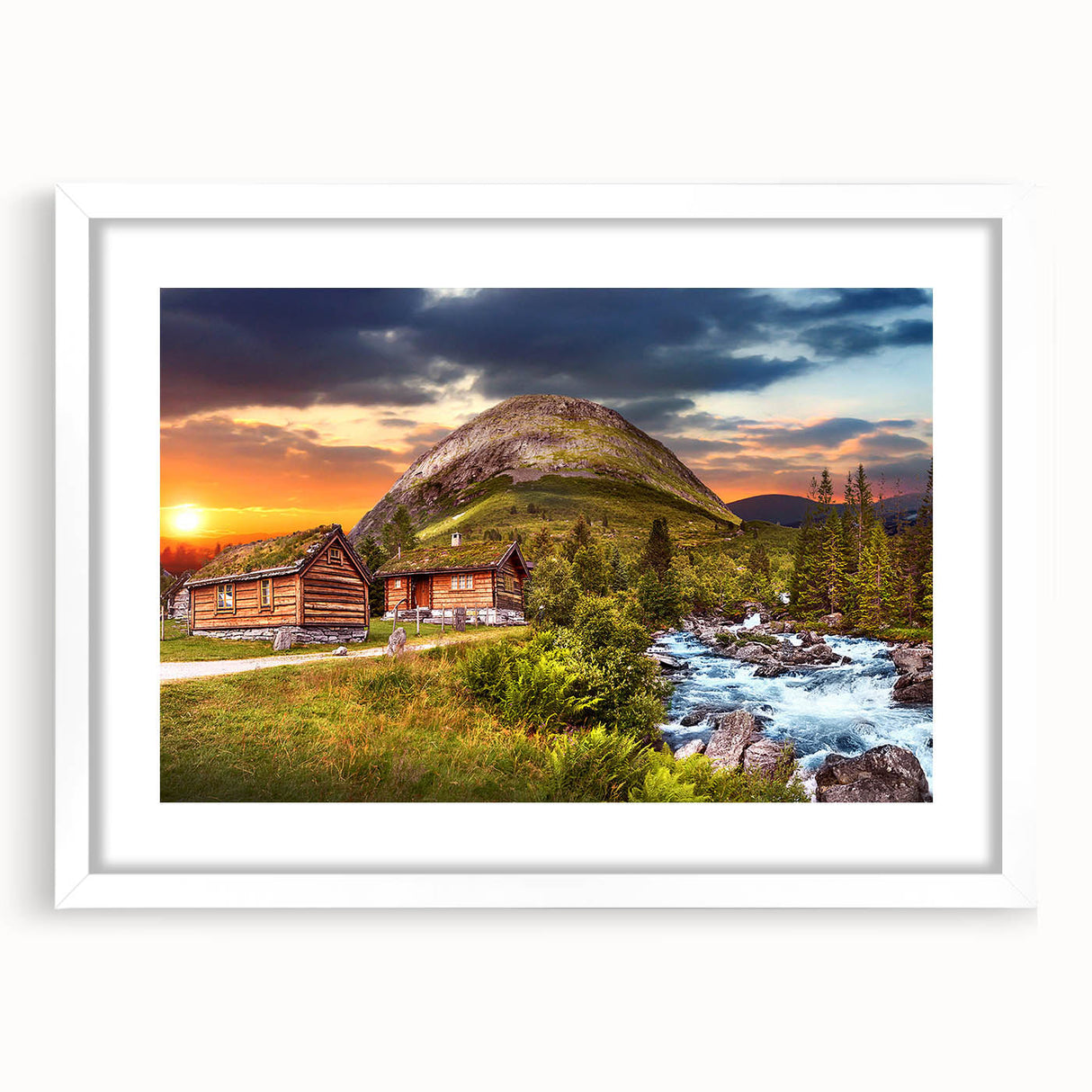 Textured abstract art print of a Norwegian landscape in muted earth tones on a framed white mat, suitable for bedroom decor.
